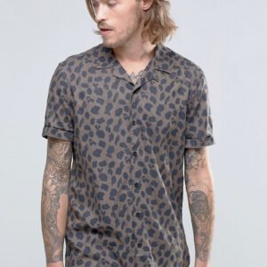 Bykin Men’s Revere Collar Short Sleeve Shirt – Modern Leopard Print Casual Button-Down