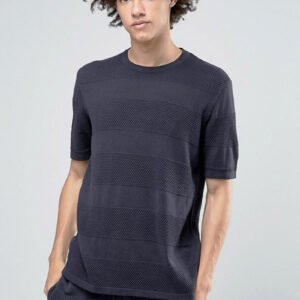 BYKIN Men’s Textured Knit T-Shirt – Navy Tonal Stripe Crew Neck