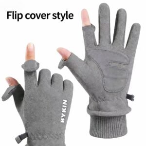 BYKIN 2-in-1 Winter Work Gloves - Non-Slip Suede Warm Thermal Gloves with Flip Top Fingers for Smartphone Use, Black & Grey
