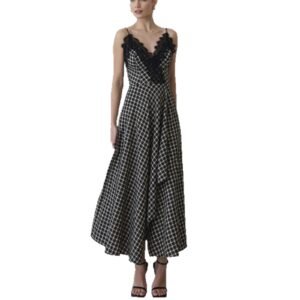 bykin Gingham Lace-Trimmed Cami Dress - High Waist Asymmetrical Maxi with Slit